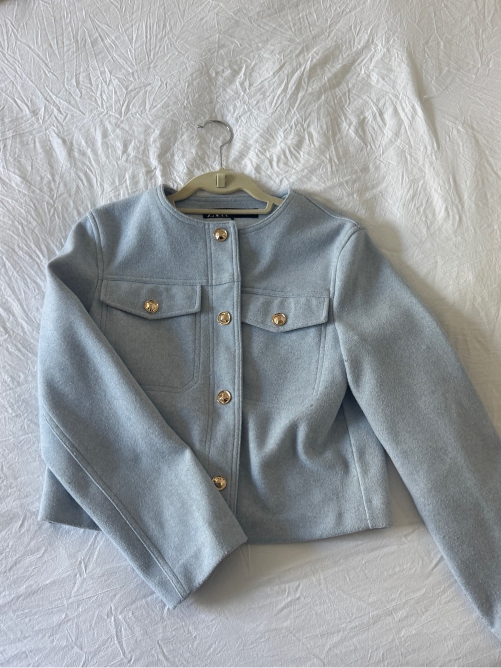 Classic Light Blue Women’s Wool-Blend Jacket with Gold Buttons